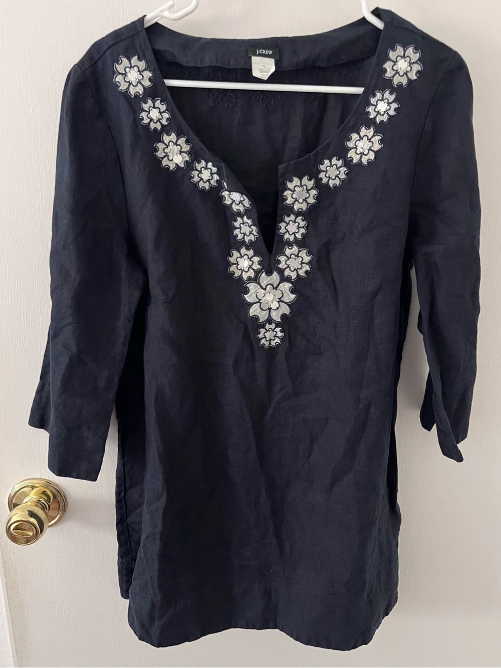 J. Crew Navy Blue 100% Linen Tunic Floral Sequin Embellished Appliqué Size 12